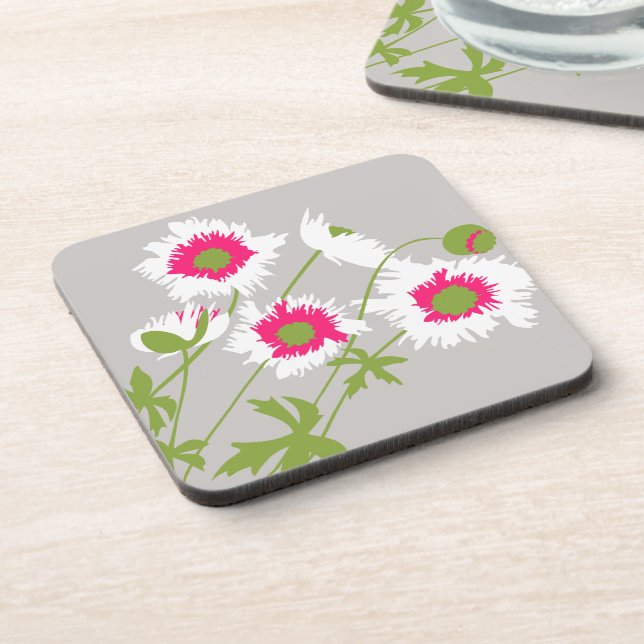 Poppy white, pink, green & grey set of 6 coasters (Left Side)
