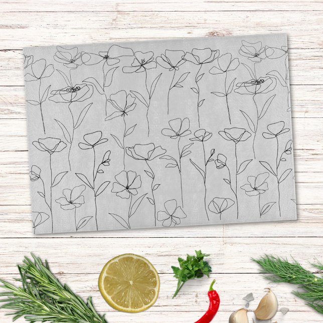 Poppy Wildflower Black and White Minimal Floral Cutting Board (In situ)