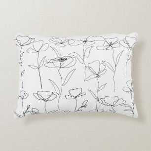 Poppy Wildflower Black and White Minimal Floral Decorative Cushion
