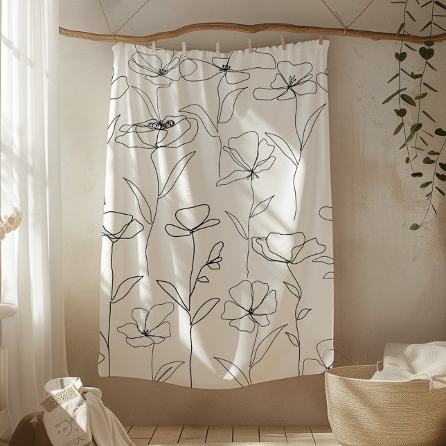 Poppy Wildflower Black and White Minimal Floral Fleece Blanket (In situ)