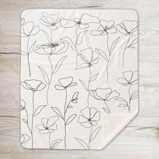 Poppy Wildflower Black and White Minimal Floral Sherpa Blanket (Close up on wood)