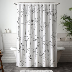 Poppy Wildflower Black and White Minimal Floral Shower Curtain