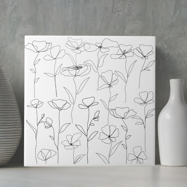 Poppy Wildflower Black and White Minimal Floral Tile (Close up)