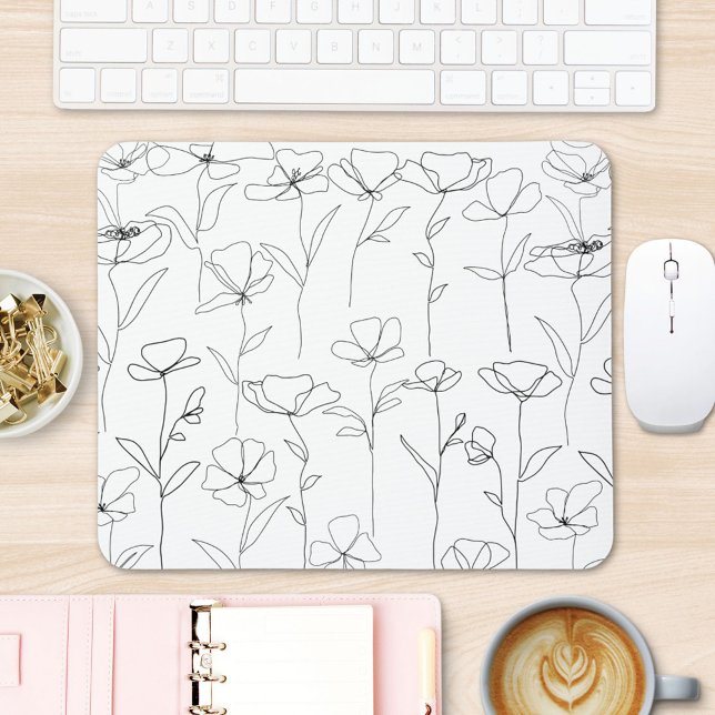 Poppy Wildflower Black and White Minimalist Floral Mouse Mat (In situ office desk)
