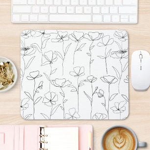 Poppy Wildflower Black and White Minimalist Floral Mouse Mat