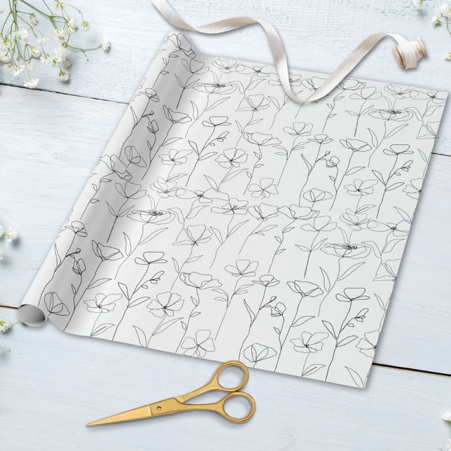 Poppy Wildflower Black and White Minimalist Floral Wrapping Paper (Close up)
