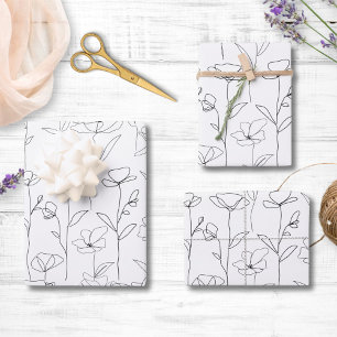 Poppy Wildflower Black and White Minimalist Floral Wrapping Paper Sheet