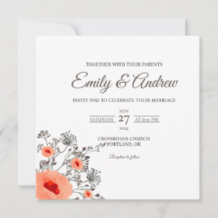 Poppy Wildflower Floral Watercolor Square Wedding Invitation