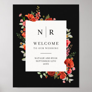 Poppy Wildflowers Dark Monogram Wedding Poster