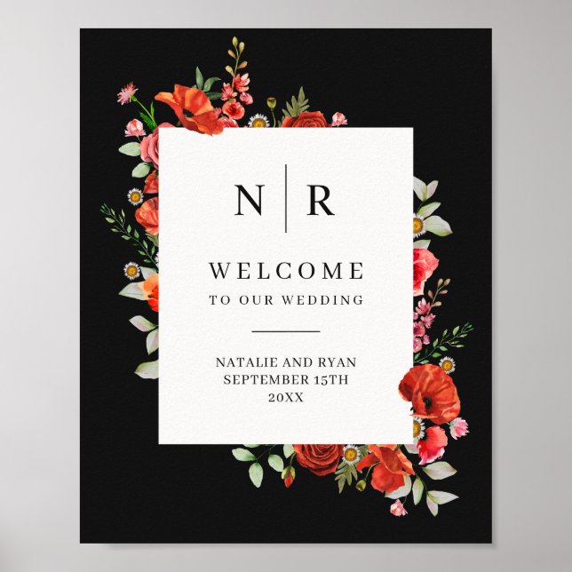 Poppy Wildflowers Dark Monogram Wedding Poster (Front)