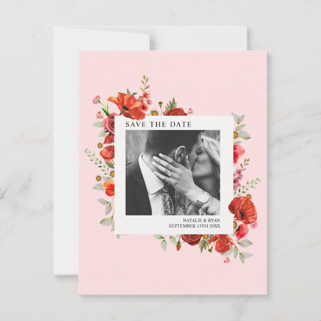 Poppy Wildflowers Pink Wedding Photo Save The Date (Front)