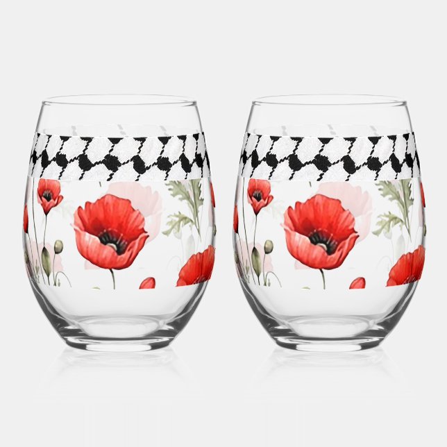 Poppy with Palestinian Hattah Wine Glass Set (Front)