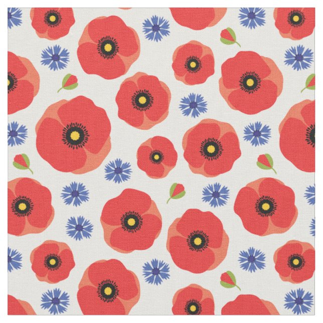 Poppys And Cornflowers Pattern Fabric (Close Up)