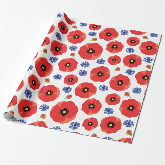 Poppys And Cornflowers Pattern Wrapping Paper (Unrolled)