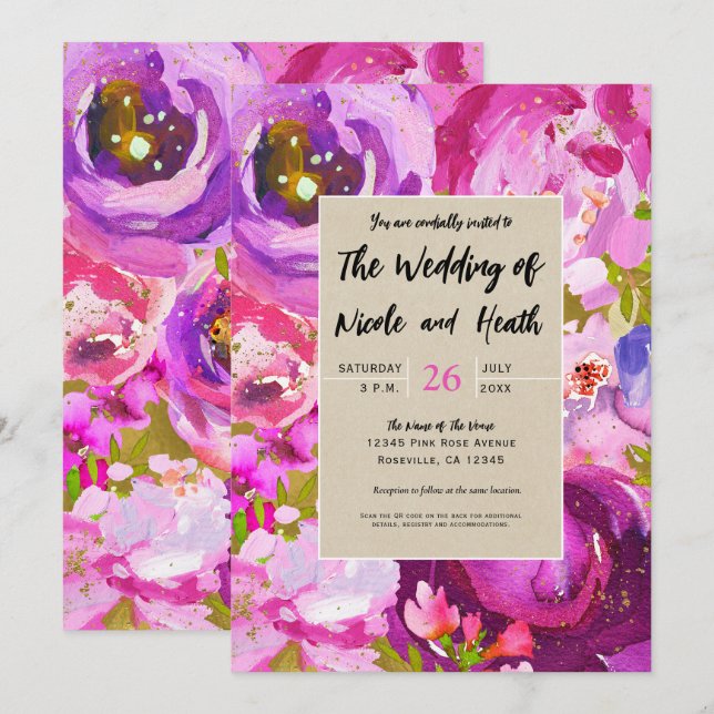 Pops Of Pink Purple Gold Modern Floral Wedding Invitation (Front/Back)