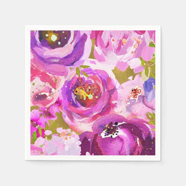 Pops Of Pink Purple Gold Modern Trendy Floral Chic Napkin (Front)