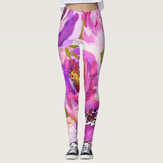 Pops of Pink & Purple Vibrant Floral  Leggings (Front)