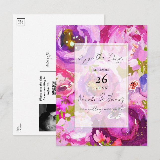 Pops of Pink & Purple Vibrant Floral Save the Date Announcement Postcard (Front/Back)