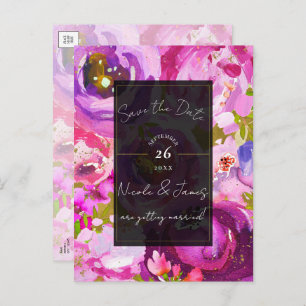 Pops of Pink & Purple Vibrant Floral Save the Date Announcement Postcard
