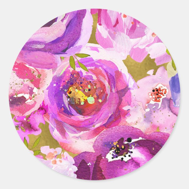 Pops of Pink & Purple Vibrant Floral Wedding Classic Round Sticker (Front)