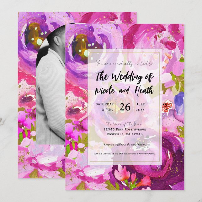 Pops of Pink & Purple Vibrant Floral Wedding Invitation (Front/Back)