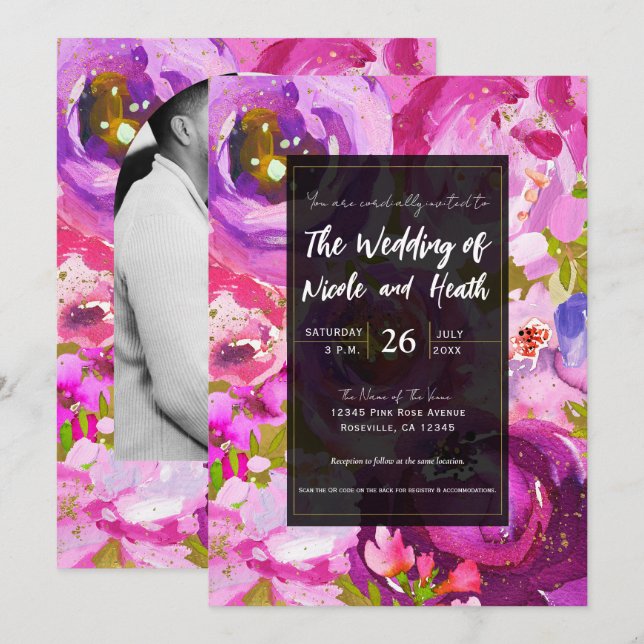 Pops of Pink & Purple Vibrant Floral Wedding Invitation (Front/Back)