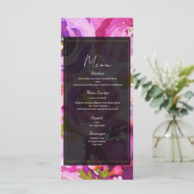 Pops of Pink & Purple Vibrant Floral Wedding Menu (Standing Front)