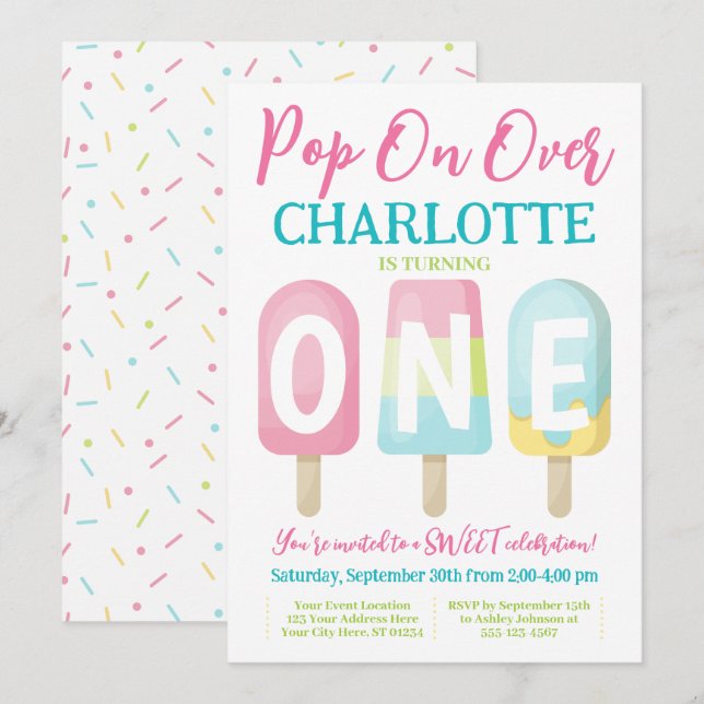 Popsicle 1st Birthday Invitation, Pop on Over Invitation (Front/Back)