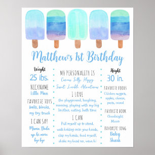 Popsicle Blue Boy First Birthday Milestone Poster