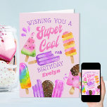 Popsicle Custom Age Girl Super Cool Birthday Card<br><div class="desc">Personalised Popsicle Birthday Card for a special girl. This colourful design features watercolor popsicles and chocolate dipped ice creams on sticks. The wording reads "wishing you a super cool #th birthday [name]" in whimsical typography and retro hand lettering. The template is set up for you to customise with any age,...</div>