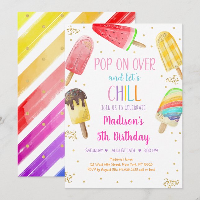 Popsicle Rainbow Pink Gold Girl Birthday Invitation (Front/Back)