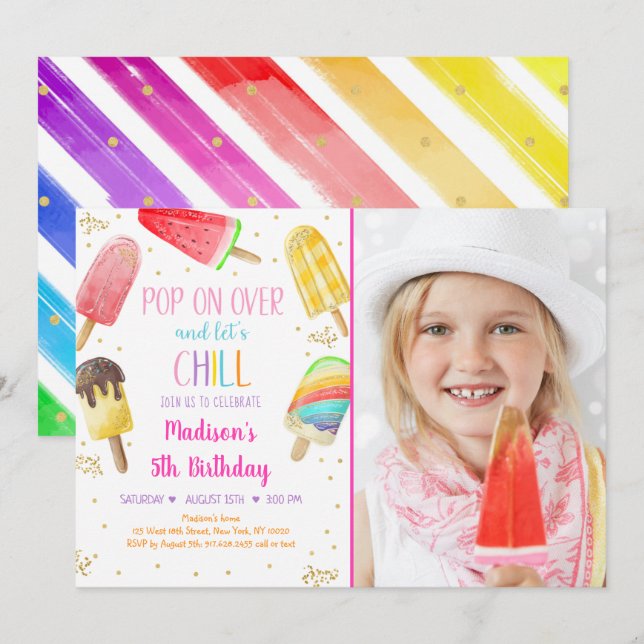 Popsicle Rainbow Pink Gold Girl Birthday Invitation (Front/Back)