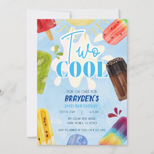 Popsicle Two Cool Summer Boy 2nd Birthday Invitation (Front)