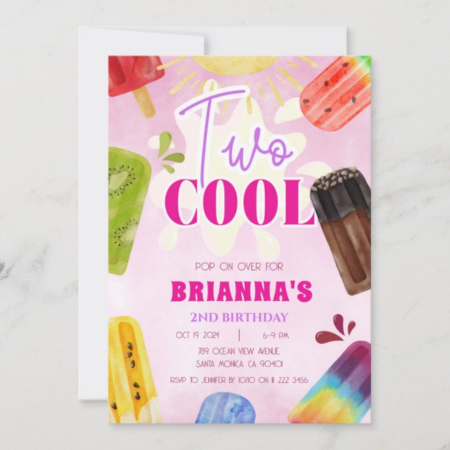 Popsicle Two Cool Summer Girl 2nd Birthday Invitation (Front)