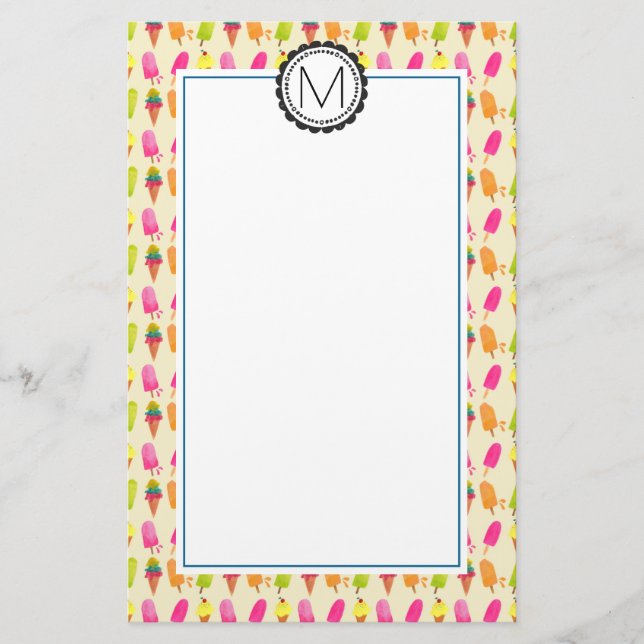 Popsicles and Ice Cream Personalised Monogram Stationery (Front)