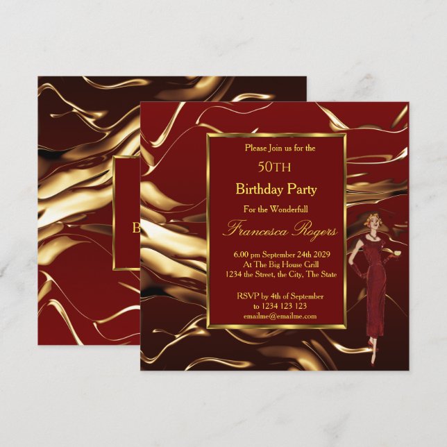 Popular 50th Birthday Party Gold Burgundy Invitation (Front/Back)