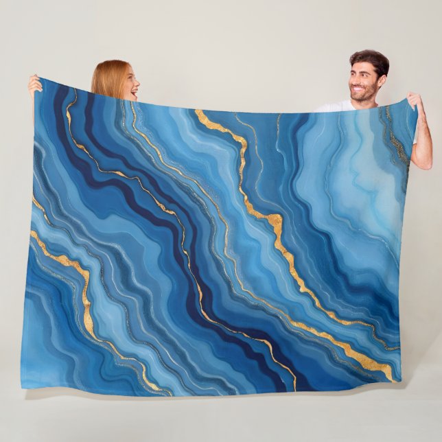 Popular Azure Blue Gold Marble Collection Fleece Blanket (In Situ)