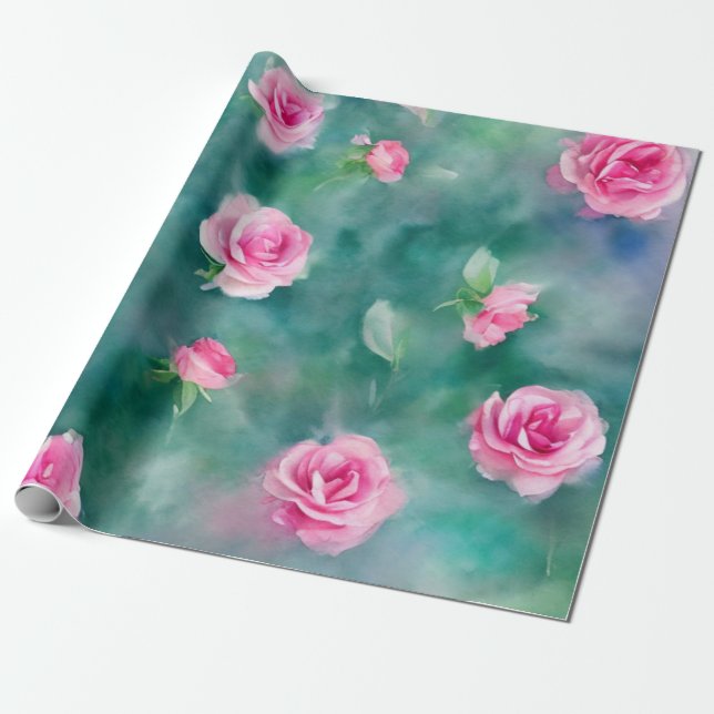 Popular Beautiful Watercolor Pink Roses Collection Wrapping Paper (Unrolled)