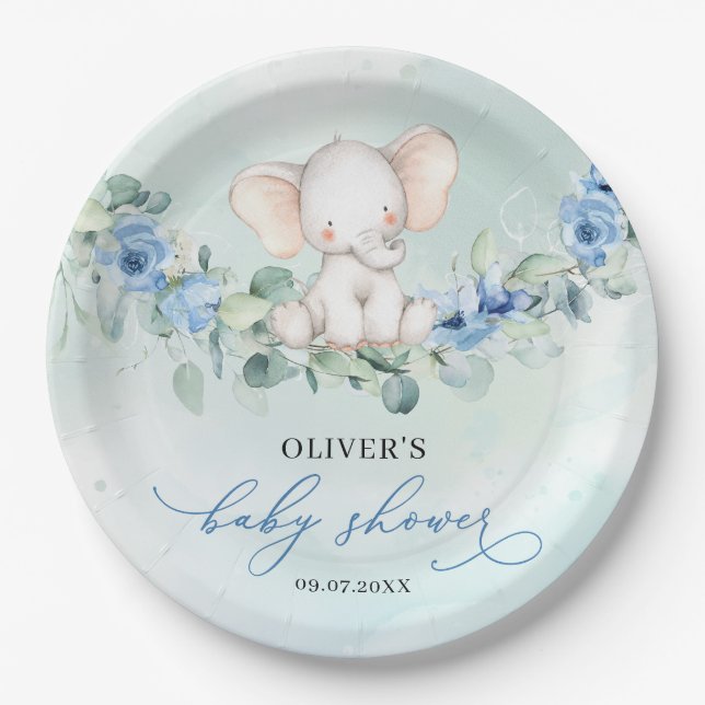 Popular boy elephant dusty blue floral eucalyptus paper plate (Front)