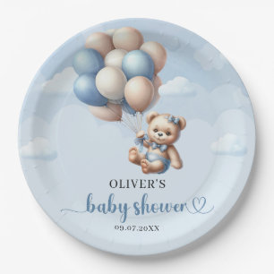 Popular boy elephant dusty blue floral eucalyptus paper plate