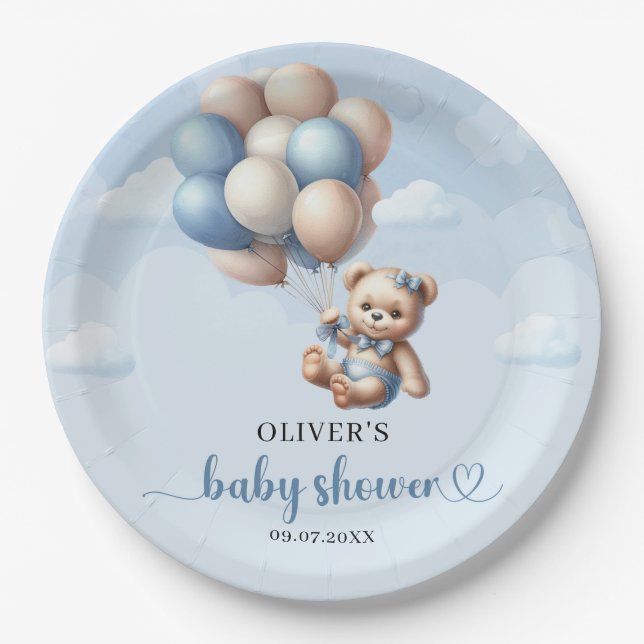 Popular boy elephant dusty blue floral eucalyptus paper plate (Front)