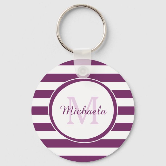 Popular Bright Purple Stripes Pattern and Monogram Key Ring (Front)