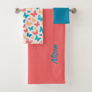 Popular Butterfly pattern pink turquoise coral Bath Towel Set