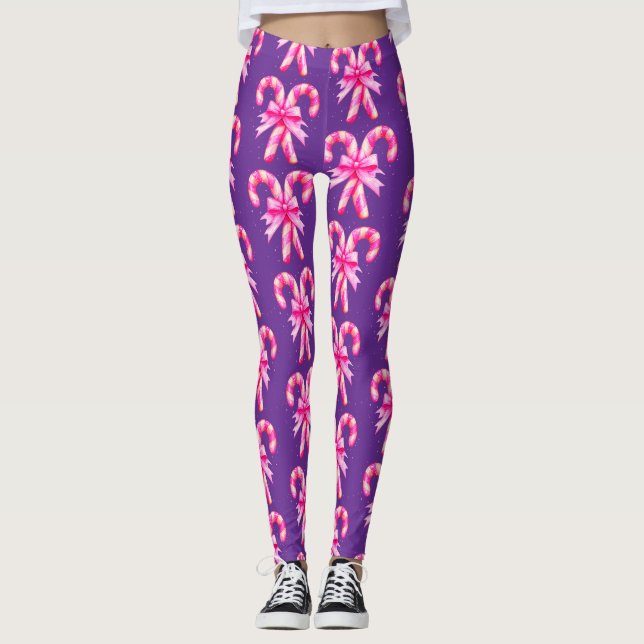  Popular Cute Purple Pink White Candy Canes  Bows Leggings (Front)