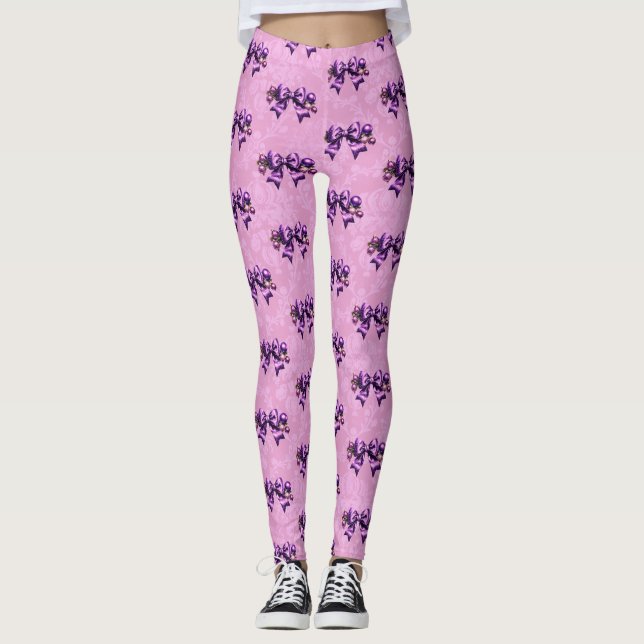  Popular Cute Vintage Pink Damask Purple Bows Leggings (Front)
