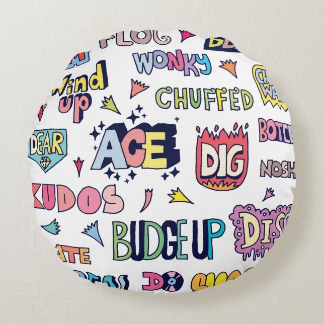 Popular English Language Slang Words Doodle Letter Round Cushion (Front)