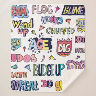 Popular English Language Slang Words Doodle Letter Sherpa Blanket