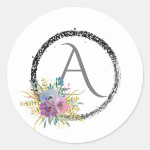 *~* Popular Floral Glitter Monogram Initial Girly Classic Round Sticker