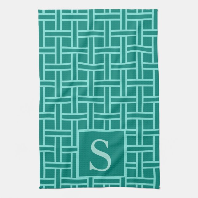 Popular Geometric Pattern Monogram Teal Tea Towel (Vertical)