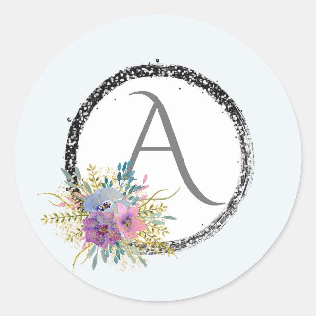 *~* Popular Girly Floral Glitter Initial Monogram Classic Round Sticker (Front)